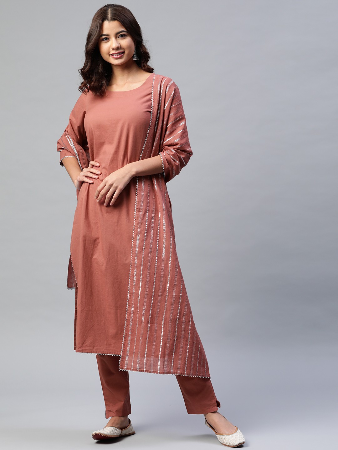 

Yuris Women Rust Red Gotta Patti Pure Cotton Kurta with Trousers & Dupatta