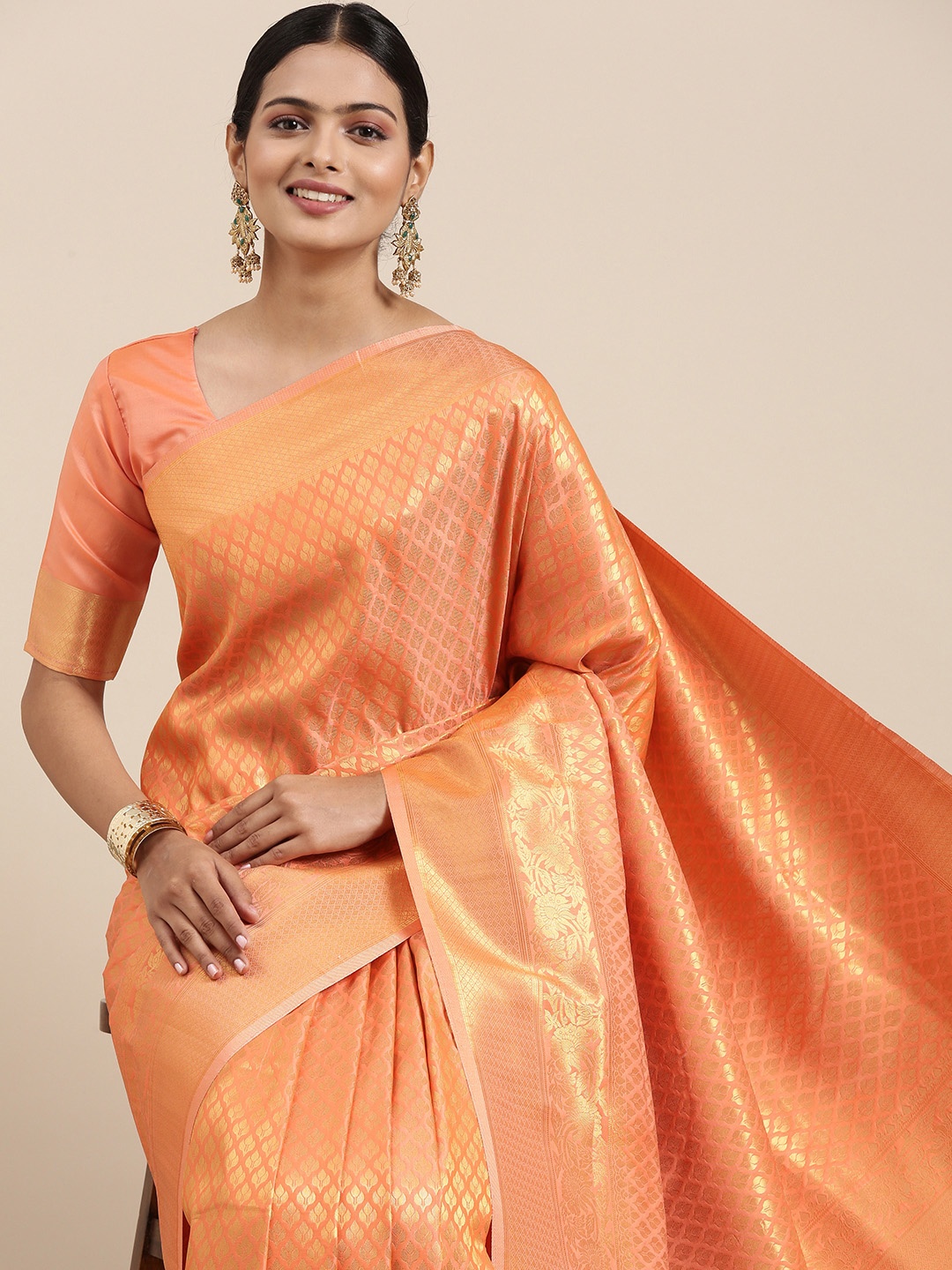 

Saree mall Peach-Coloured Ethnic Motifs Zari Silk Blend Banarasi Sarees