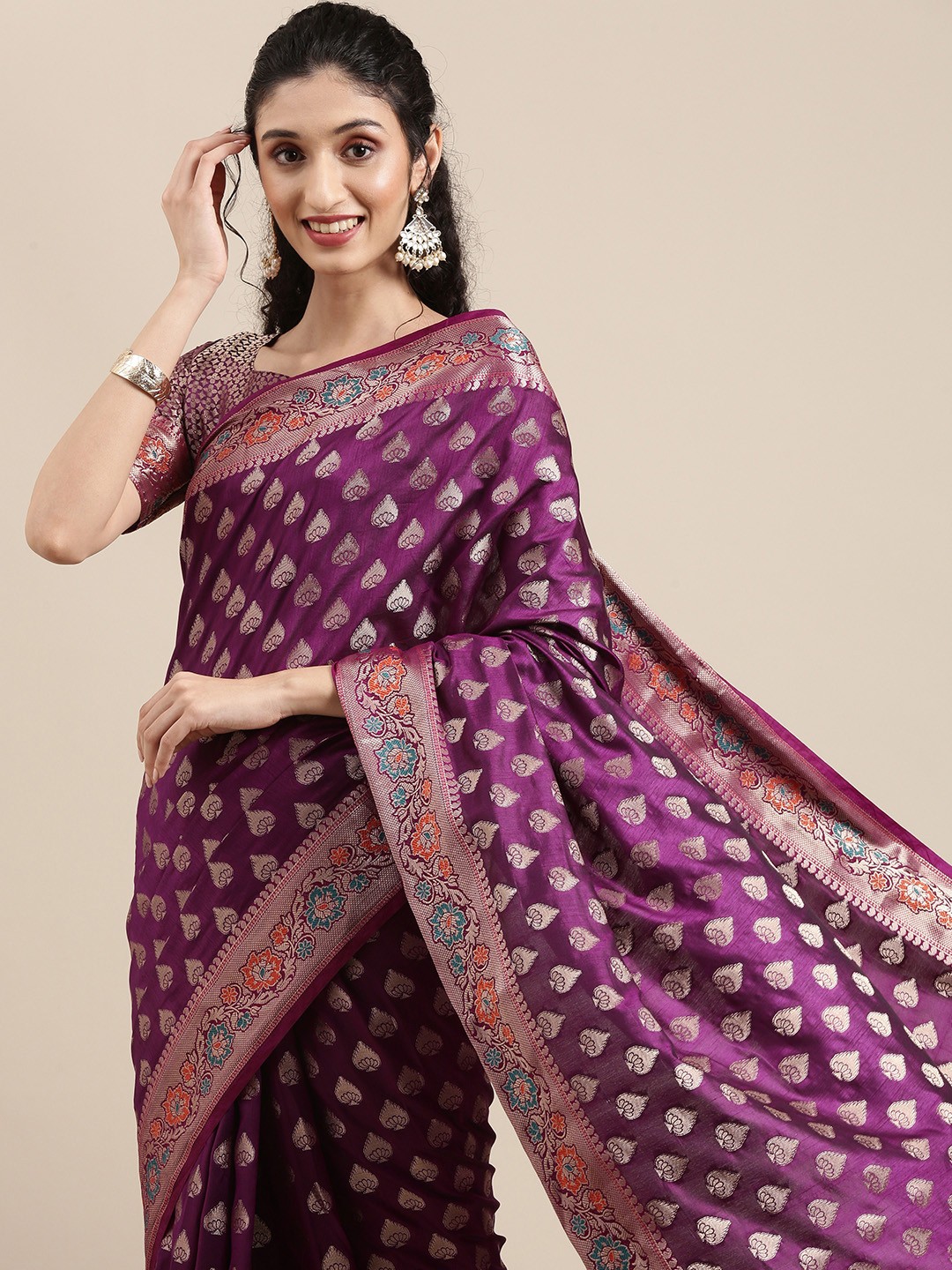 

Saree mall Purple Ethnic Motifs Zari Silk Blend Banarasi Sarees