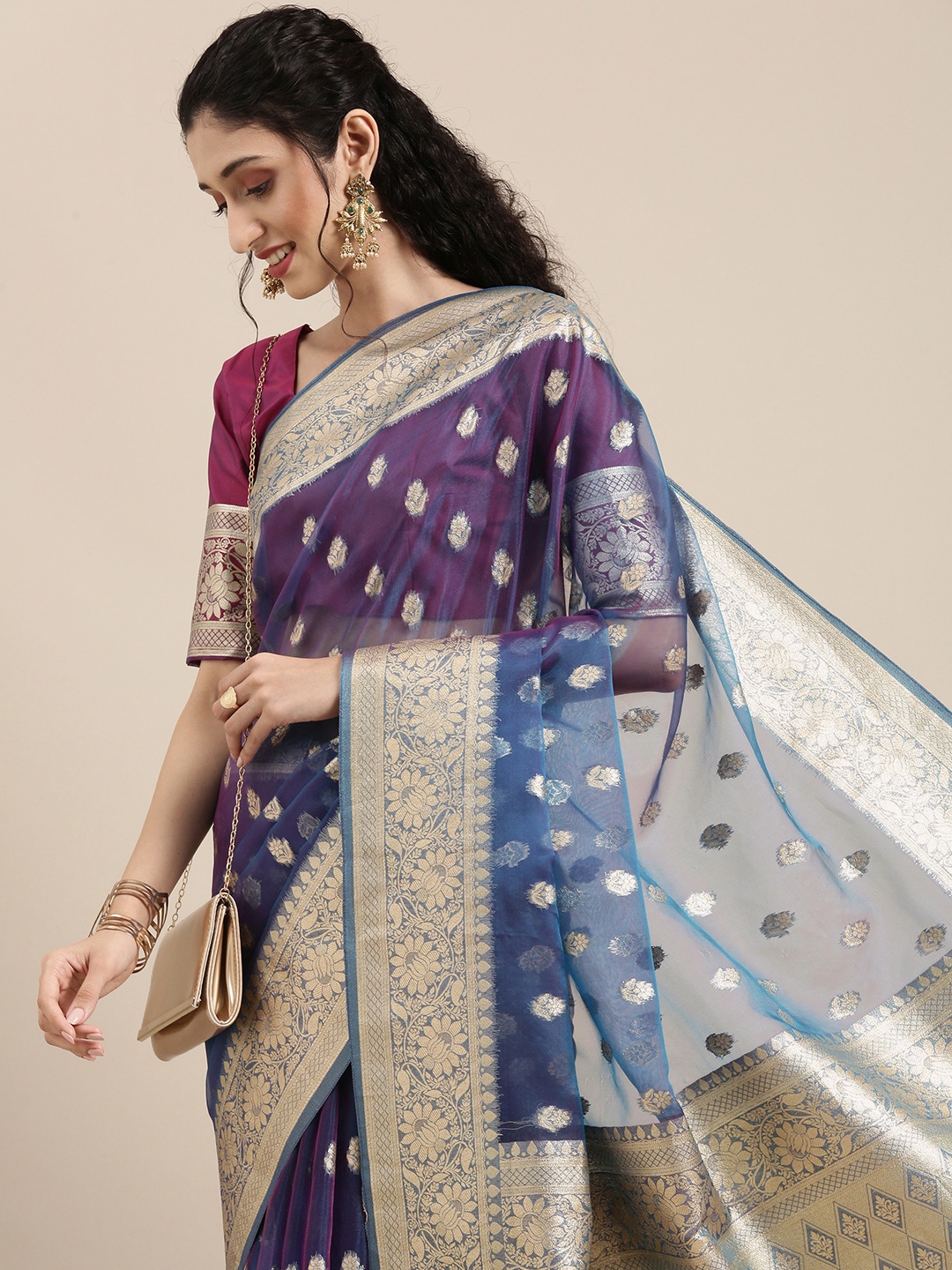 

Saree mall Blue Ethnic Motifs Zari Organza Banarasi Sarees