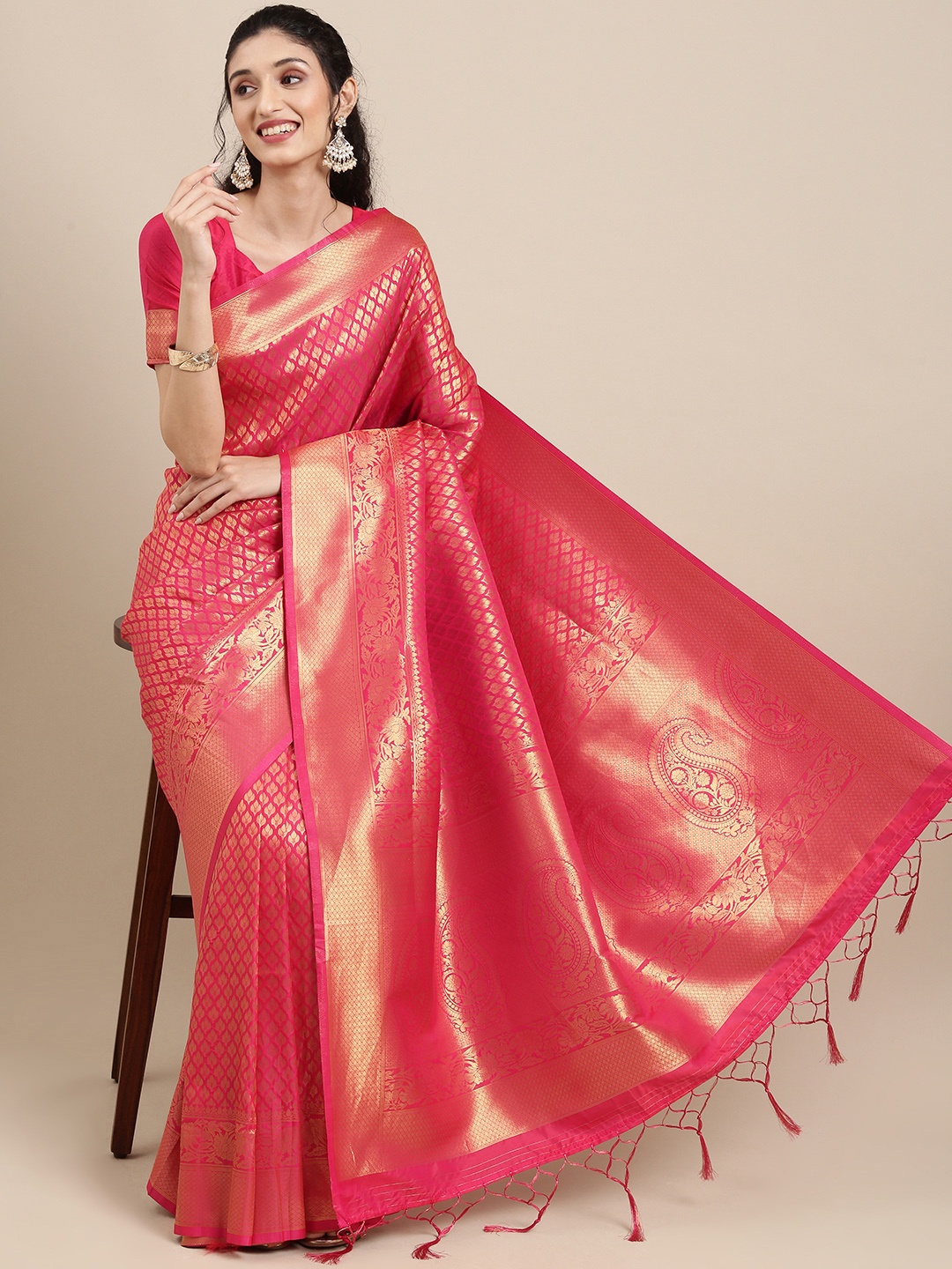 

Saree mall Pink Ethnic Motifs Zari Silk Blend Banarasi Sarees