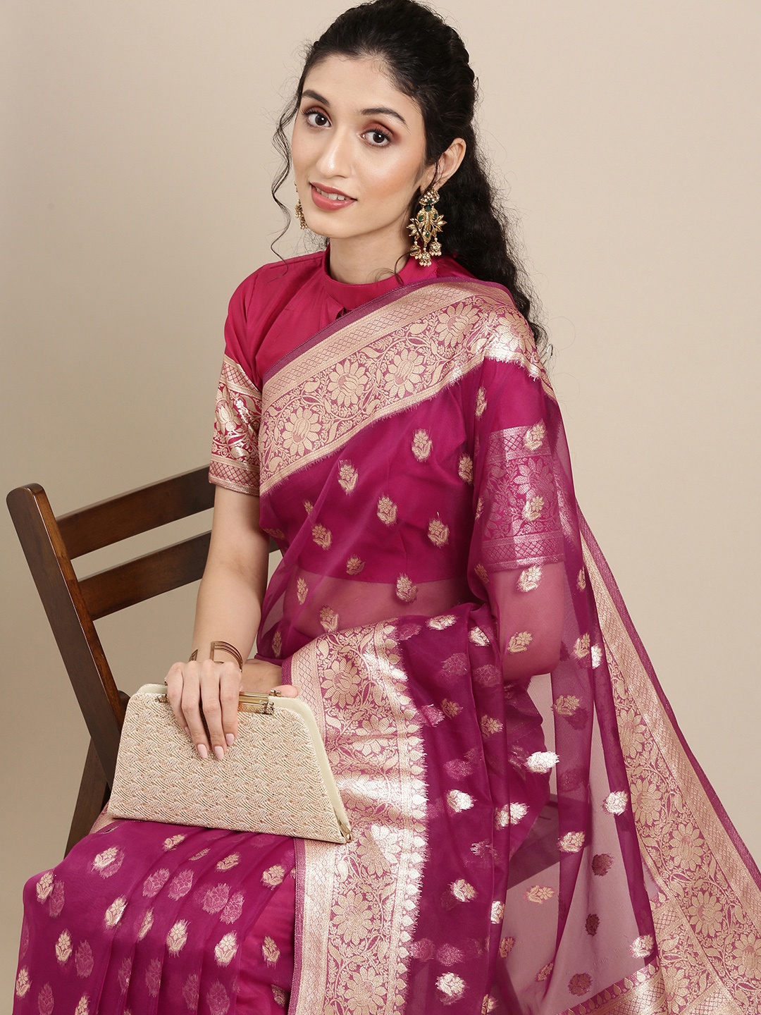 

Saree mall Magenta Ethnic Motifs Zari Organza Banarasi Sarees