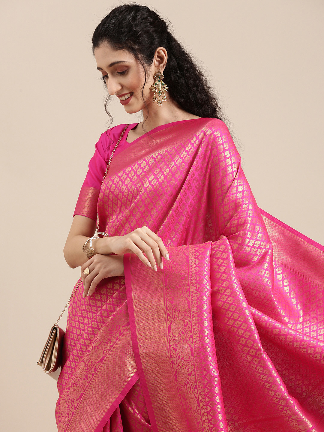 

Saree mall Pink Ethnic Motifs Zari Silk Blend Banarasi Sarees
