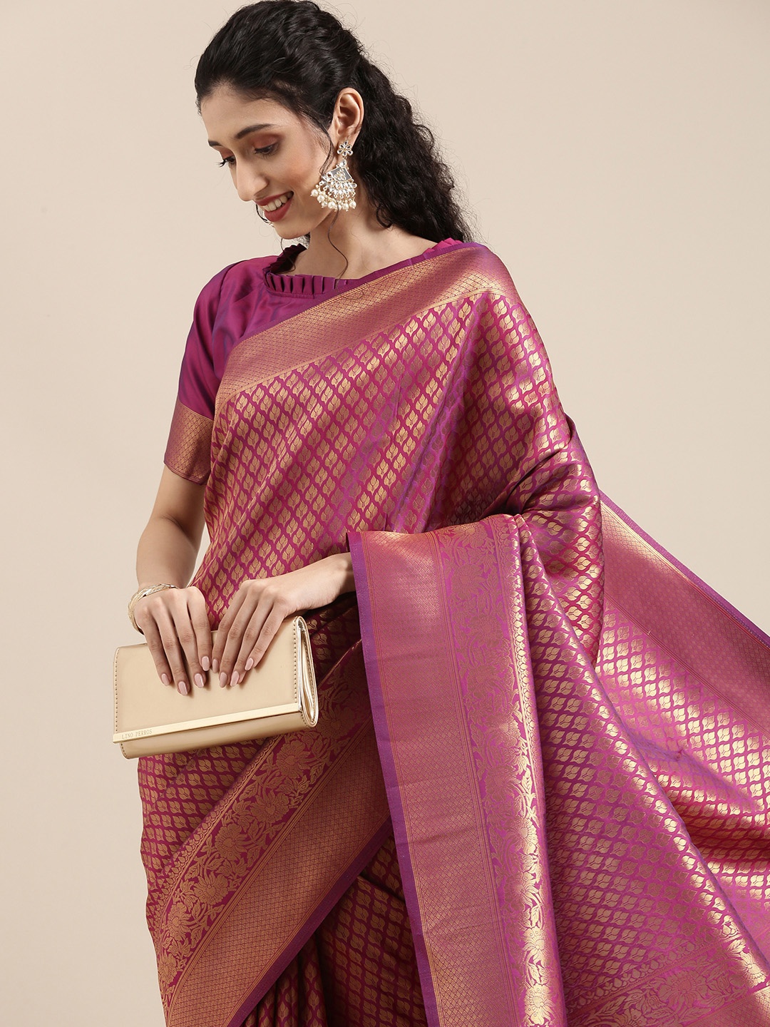 

Saree mall Magenta Ethnic Motifs Zari Silk Blend Banarasi Sarees