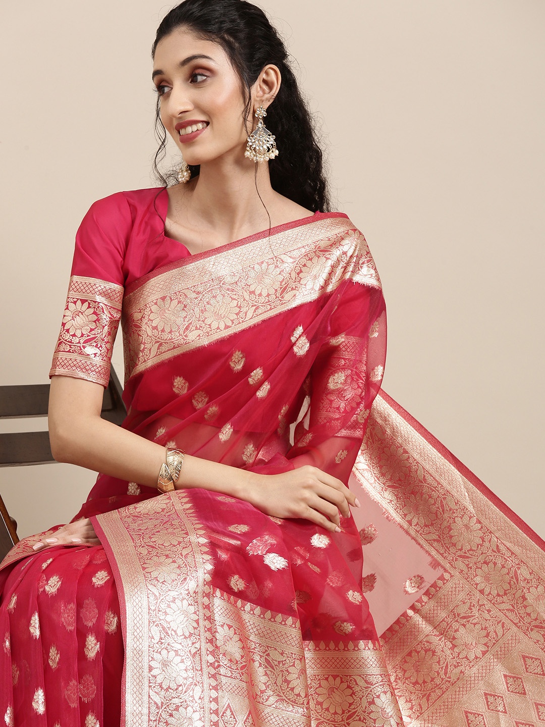 

Saree mall Red Ethnic Motifs Zari Organza Banarasi Sarees