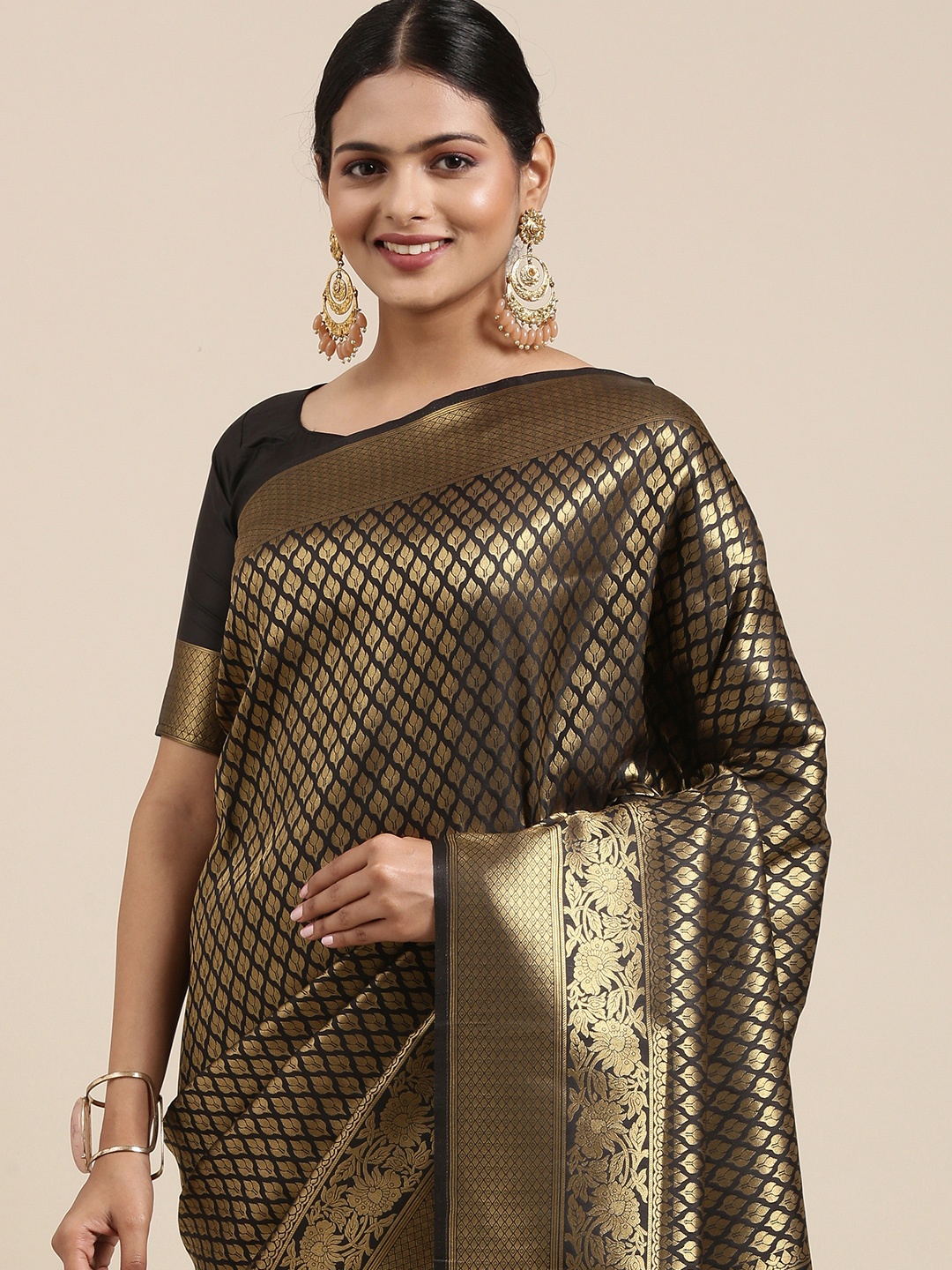 

Saree mall Black & Gold-Toned Ethnic Motifs Zari Silk Blend Banarasi Sarees