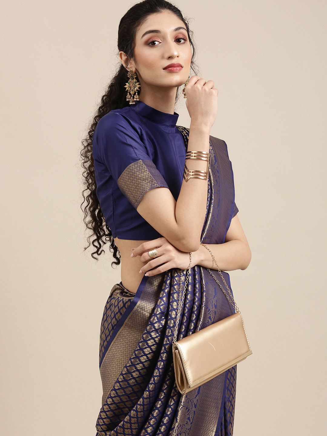 

Saree mall Navy Blue & Gold-Toned Ethnic Motifs Zari Organza Banarasi Sarees