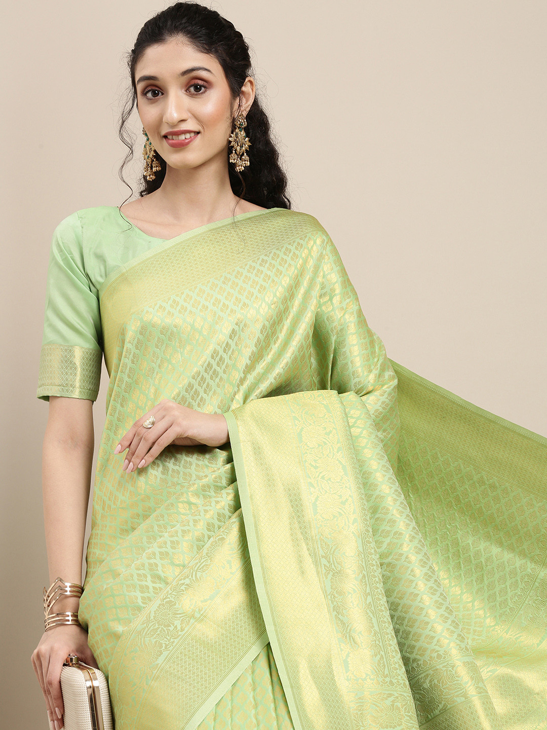 

Saree mall Green Ethnic Motifs Zari Silk Blend Banarasi Sarees