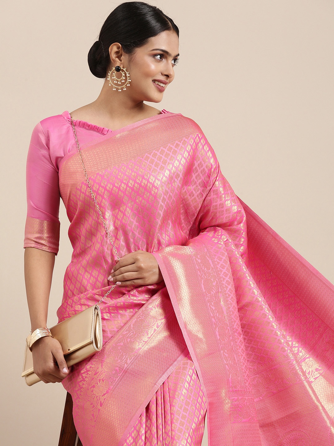 

Saree mall Pink Ethnic Motifs Zari Silk Blend Banarasi Sarees