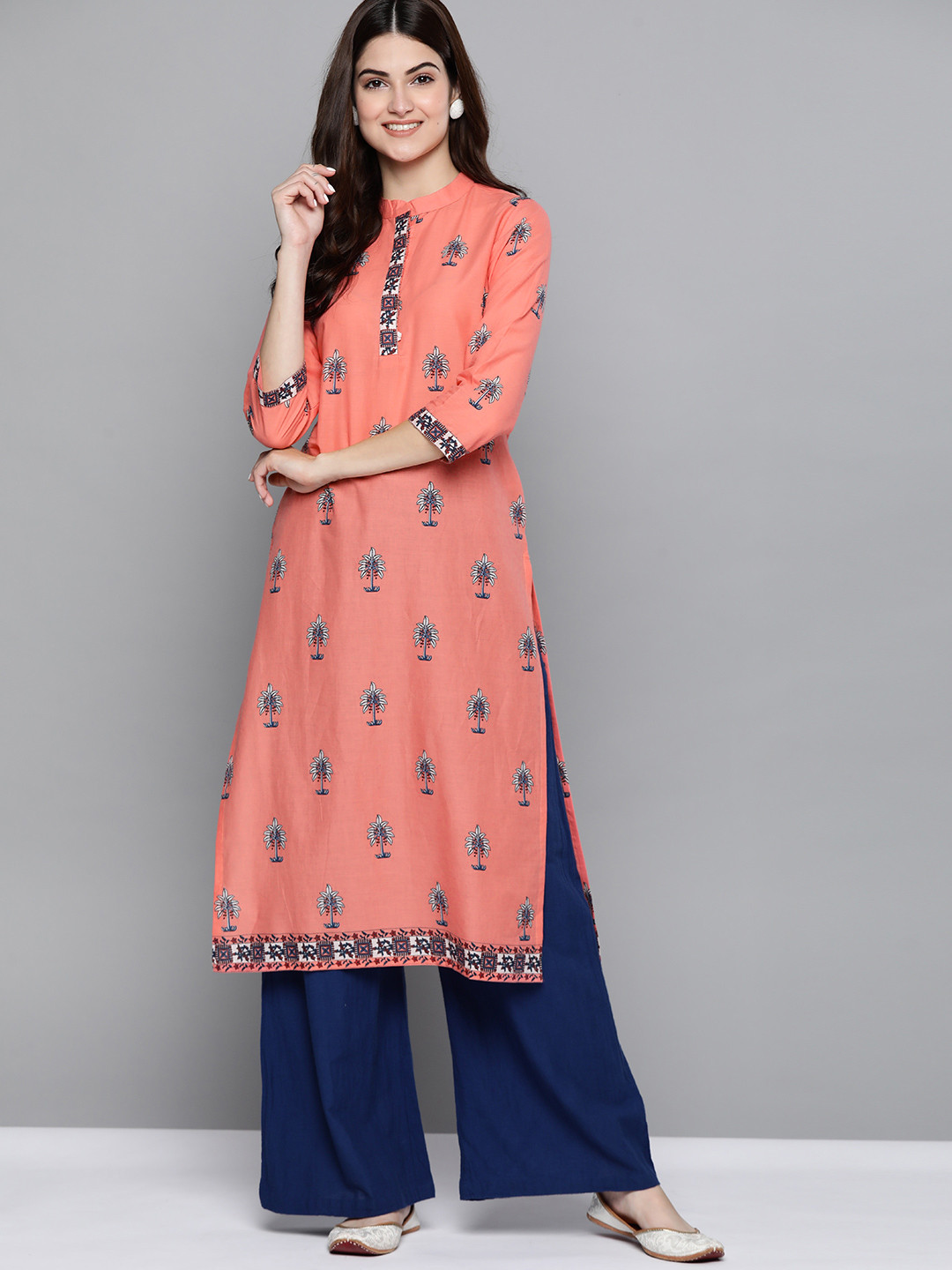 

HERE&NOW Women Peach-Coloured Pure Cotton Floral Printed Kurta