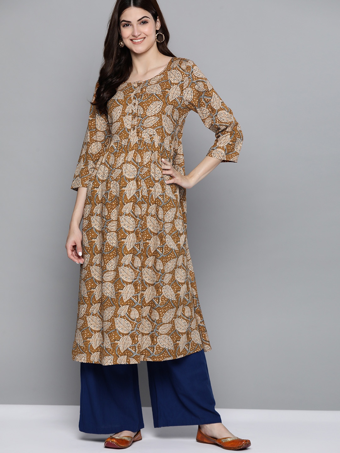 

HERE&NOW Women Brown Pure Cotton Floral Print Kurta