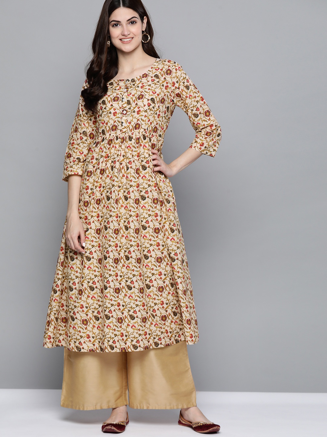 

HERE&NOW Women Cream-Coloured & Red Pure Cotton Floral Printed Kurta