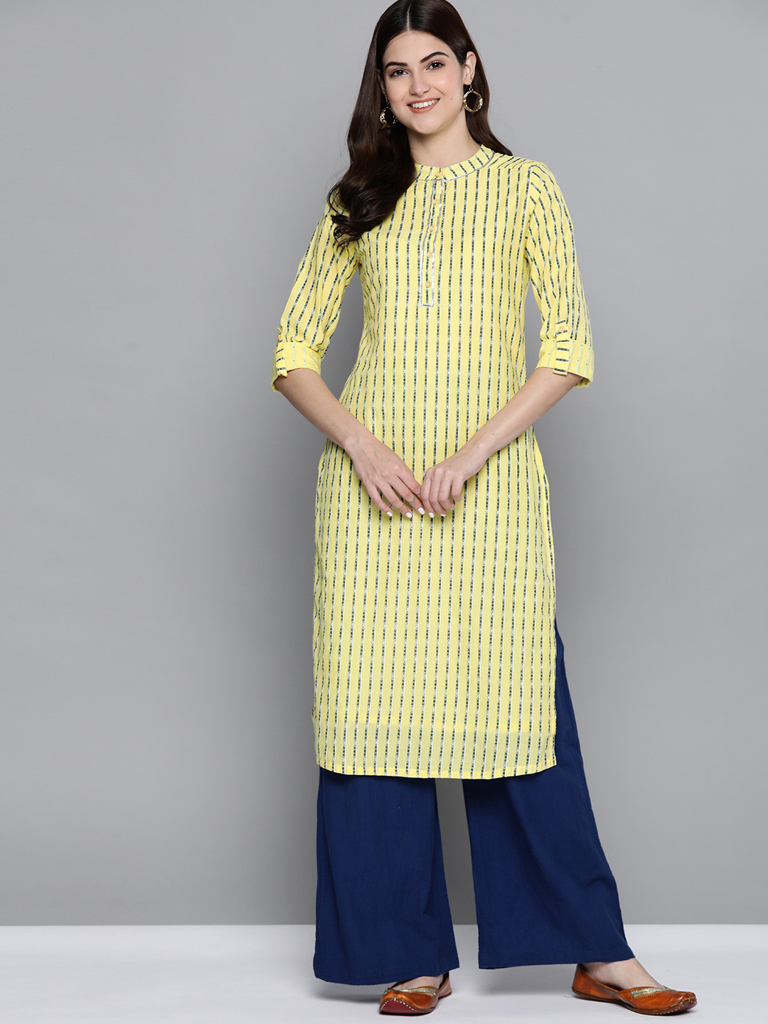 

HERE&NOW Women Yellow Pure Cotton Striped Kurta