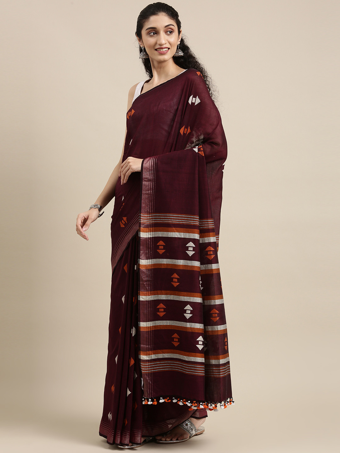 

ArtEastri Maroon Woven Design Pure Cotton Jamdani Saree With Blouse piece