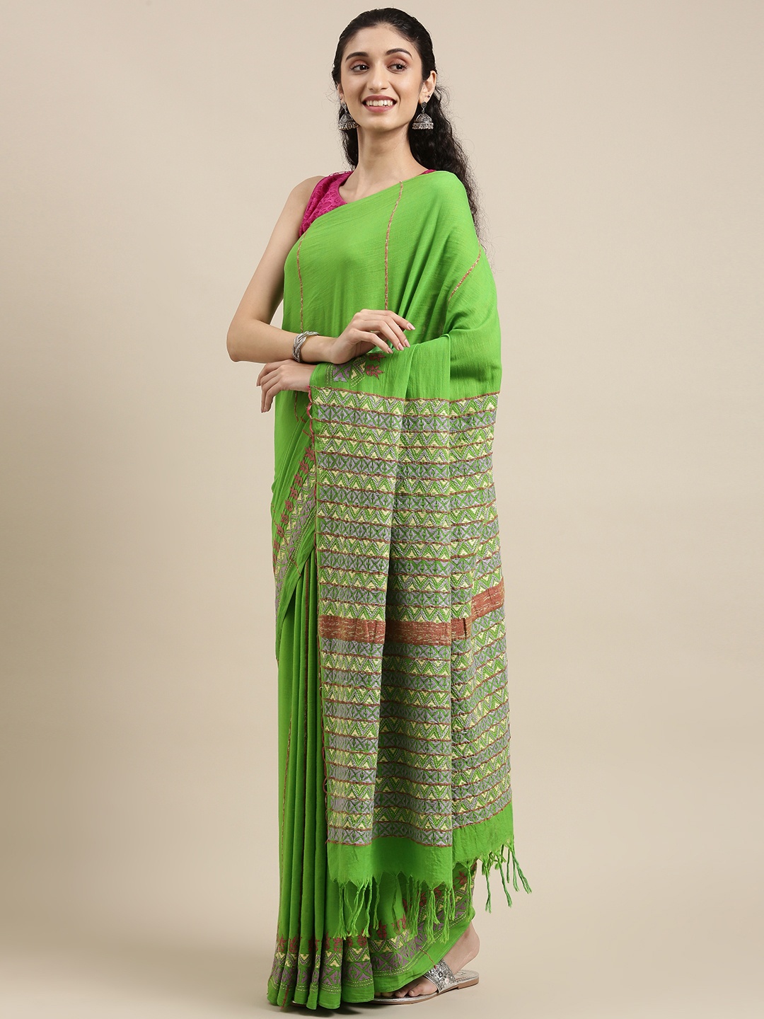 

ArtEastri Green Striped Pure Cotton Taant Saree