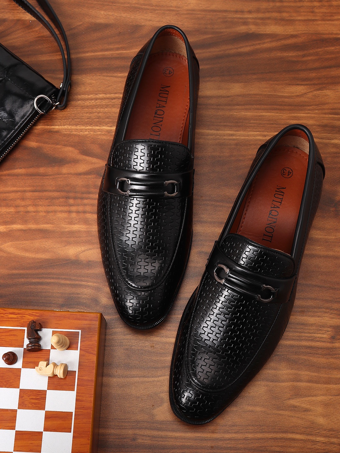 

MUTAQINOTI Men Black Woven Design Patent Leather Loafers
