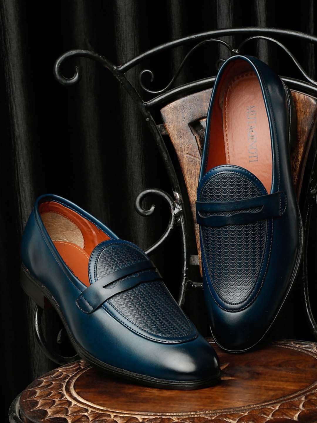 

MUTAQINOTI Men Blue Woven Design Patent Leather Loafers