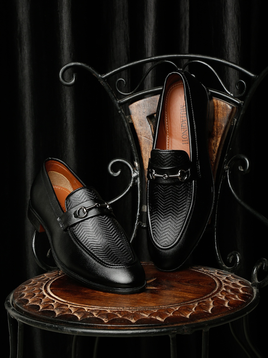 

MUTAQINOTI Men Black Patent Leather Loafers With Western Embellishments