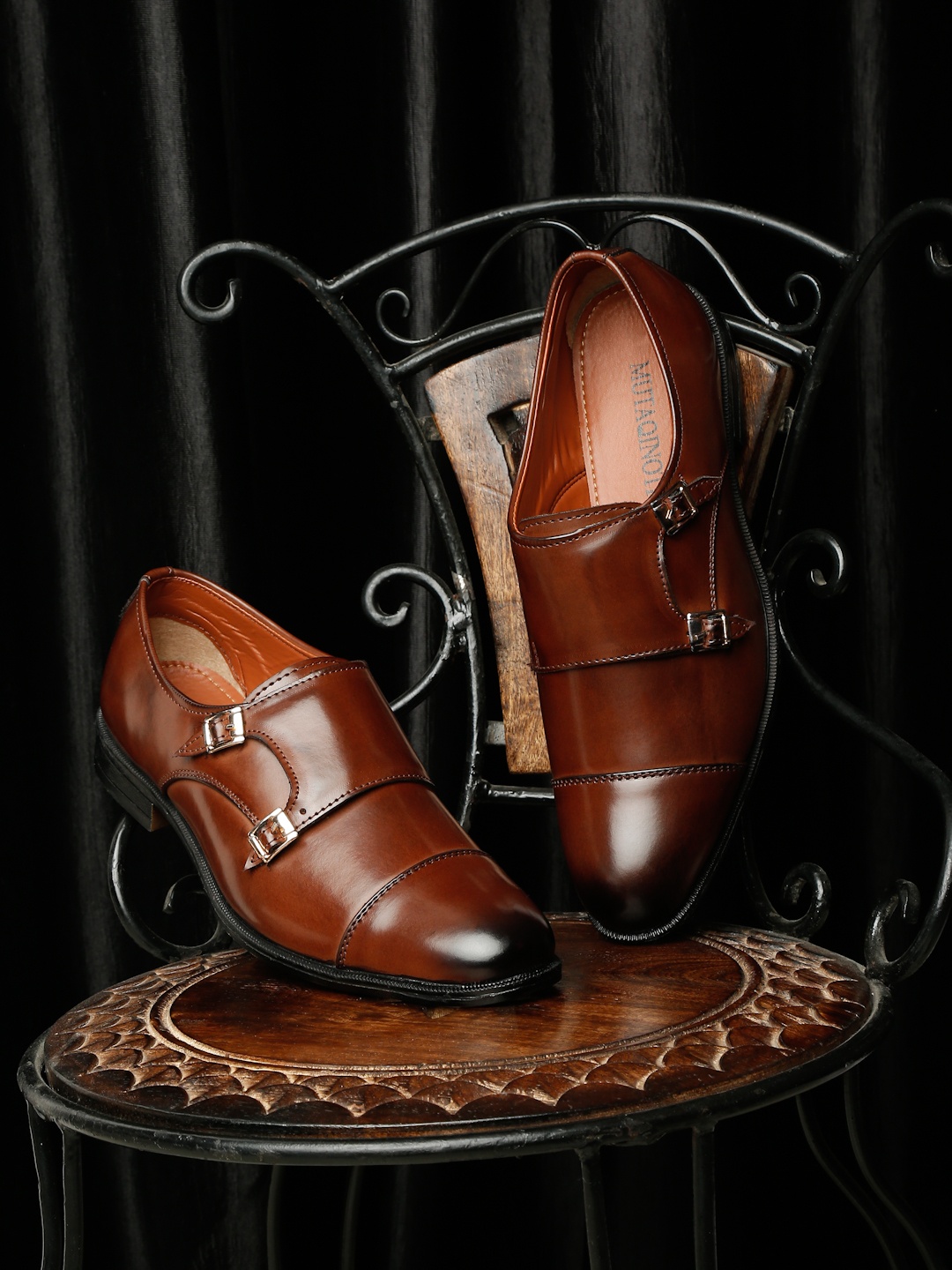 

MUTAQINOTI Men Brown Patent Leather Monks