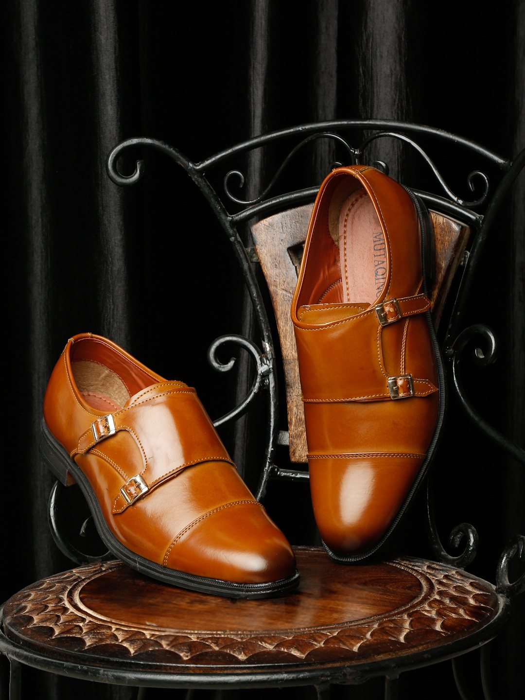 

MUTAQINOTI Men Tan Patent Leather Monks