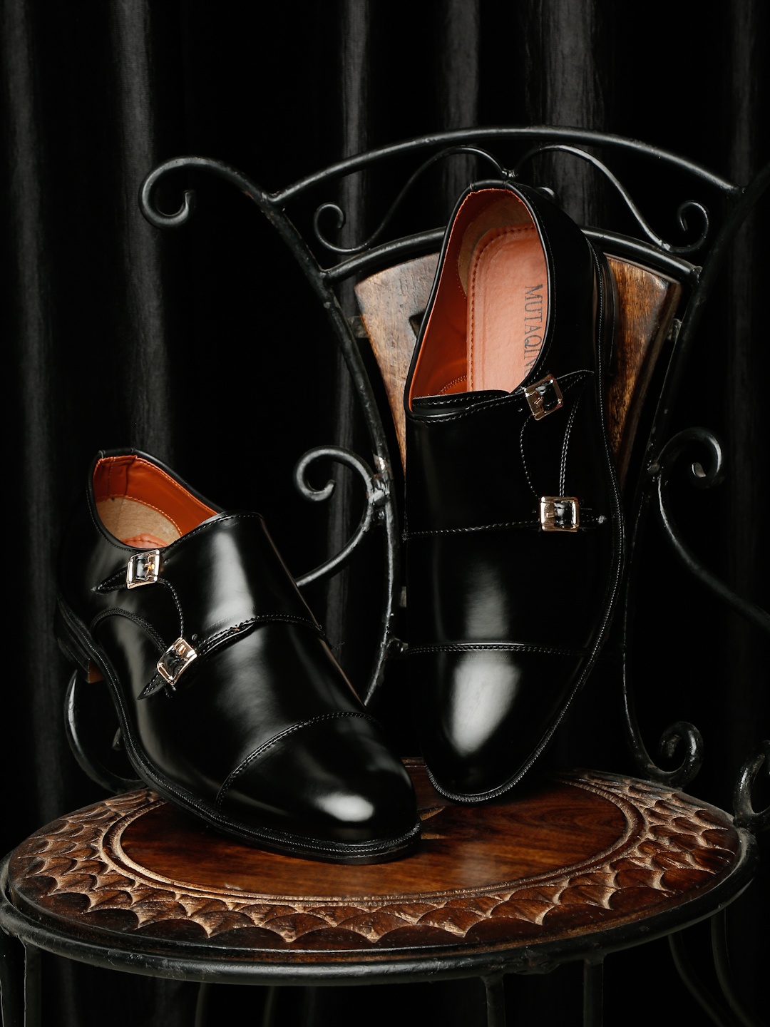 

MUTAQINOTI Men Black Patent Leather Monks