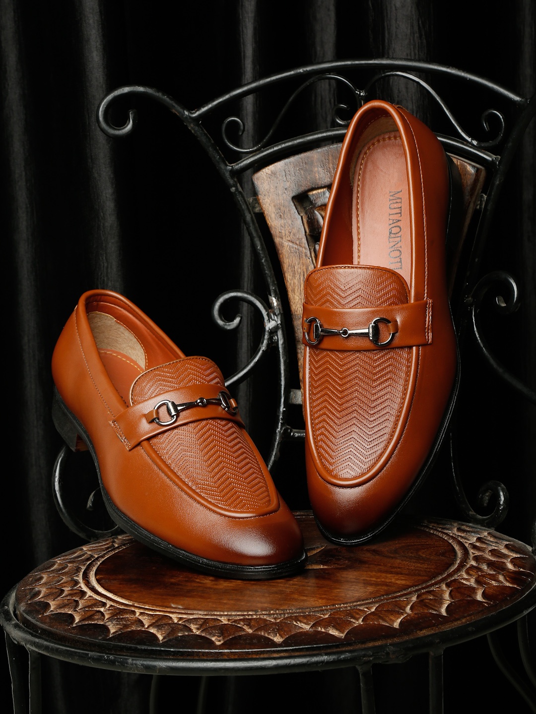 

MUTAQINOTI Men Tan Woven Design Patent Leather Horsebit Loafers