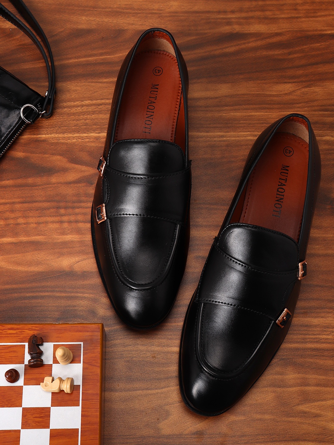 

MUTAQINOTI Men Black Solid Patent Leather Monks With Buckles
