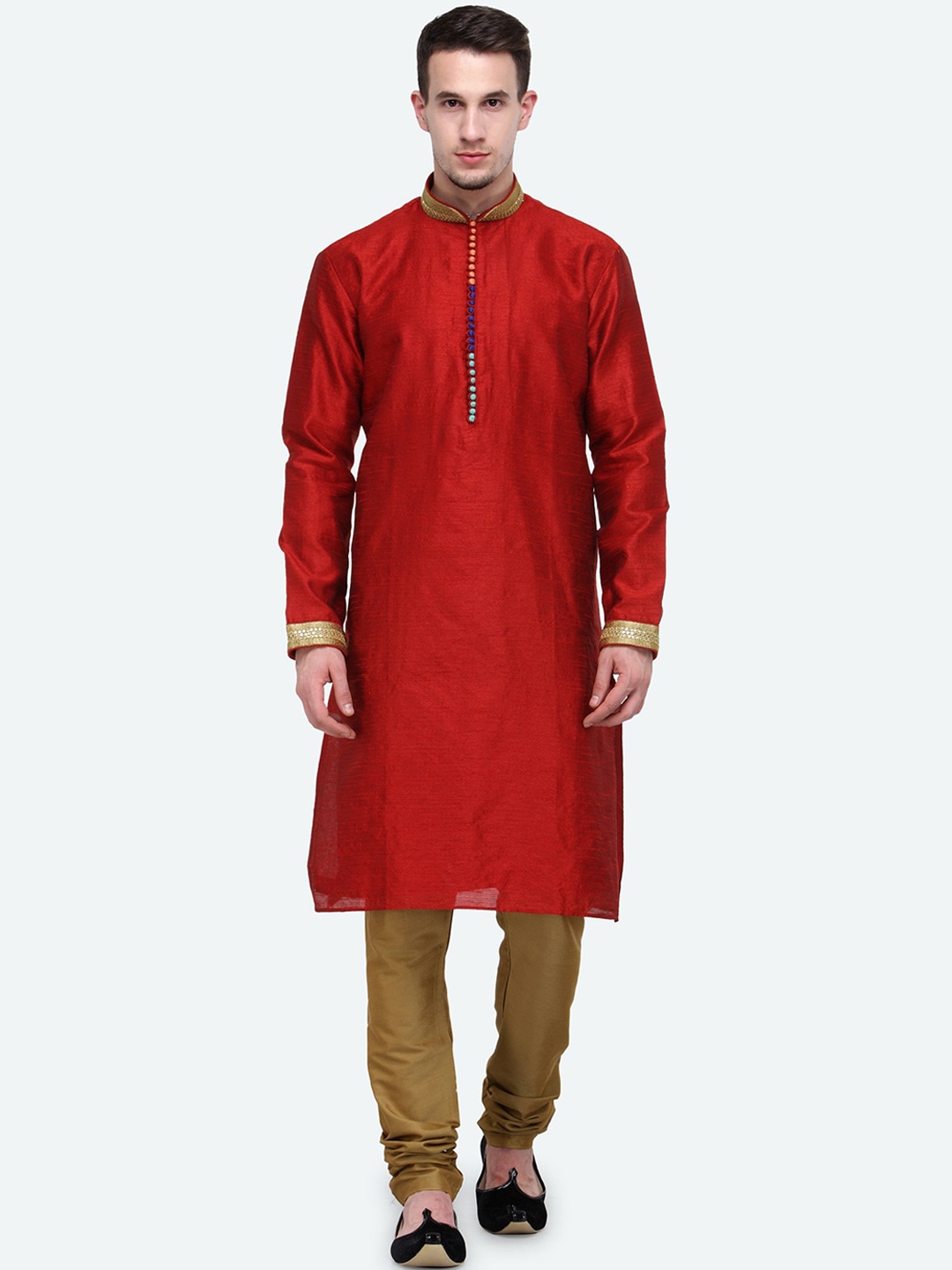 

RG DESIGNERS Men Red & Gold-Toned Regular Kurta With Pyjamas