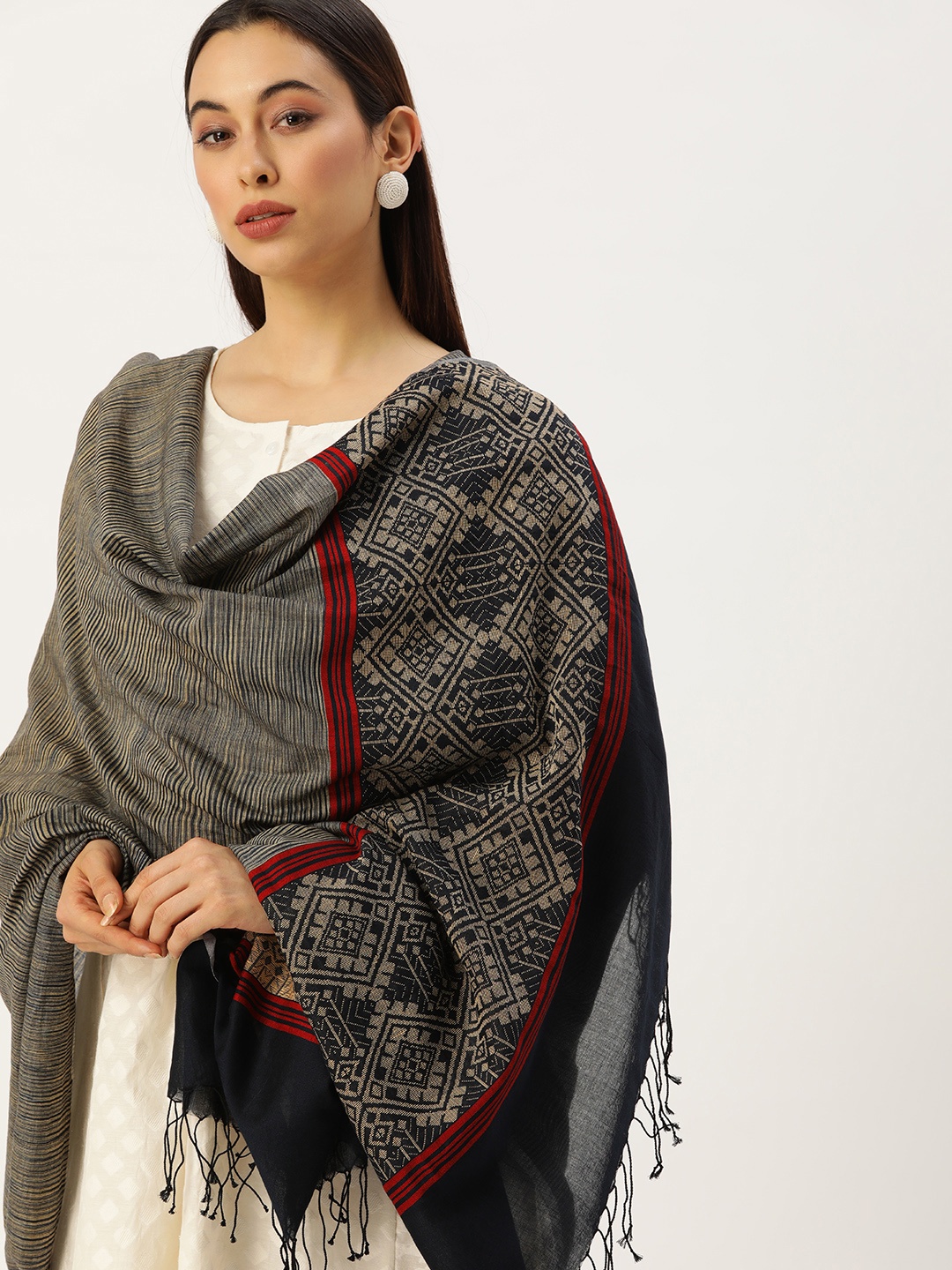 

ArtEastri Navy Blue & Gold-Toned Ethnic Motifs Woven Design Pure Cotton Dupatta