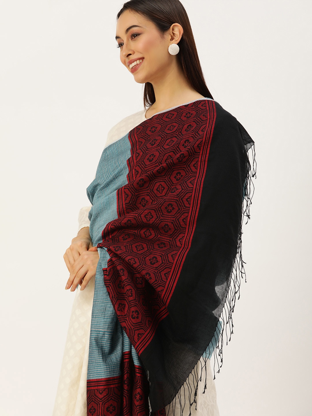 

ArtEastri Blue & Red Woven Design Pure Cotton Dupatta