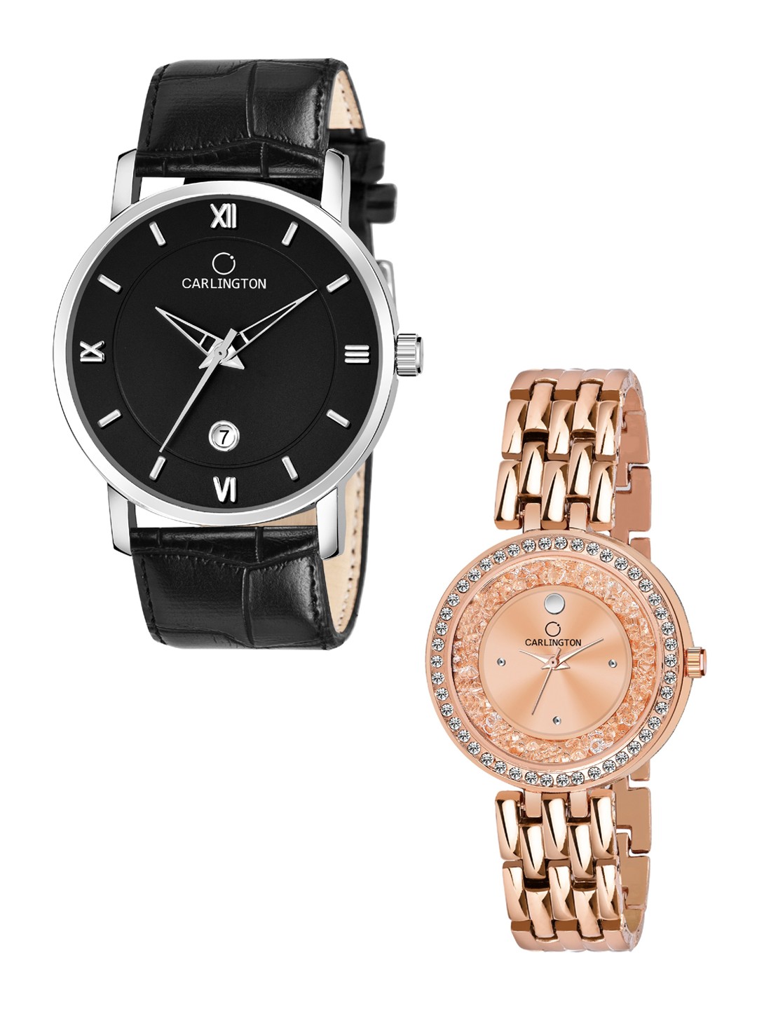 

CARLINGTON Unisex Set of 2 Embellished Dial & Bracelet Style Straps Analogue Watches, Black