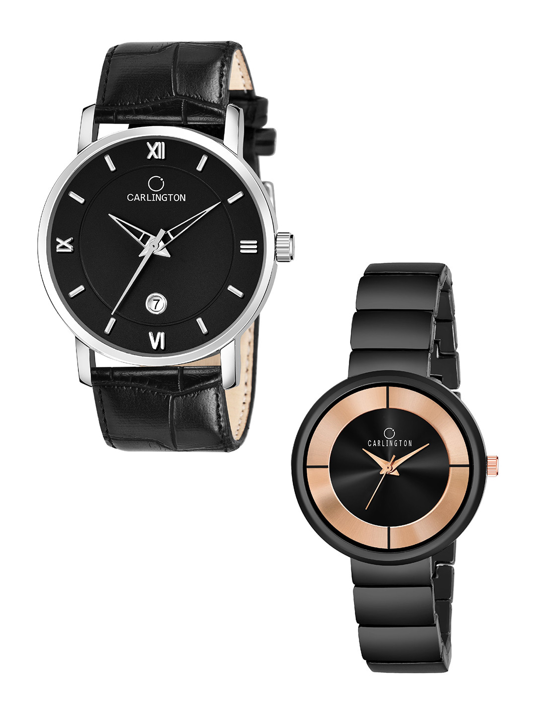 

CARLINGTON Unisex Set of 2 Leather Bracelet Style Straps Analogue Watches, Black