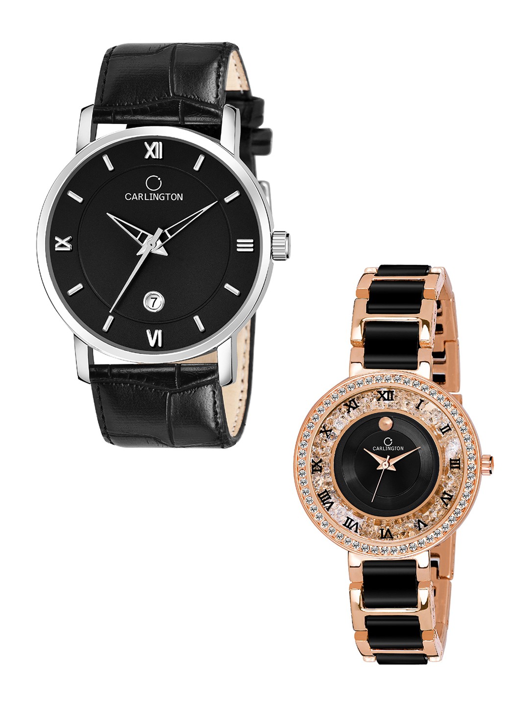 

CARLINGTON Unisex Pack of 2 Black Embellished Dial Bracelet Style Straps Analogue Watches