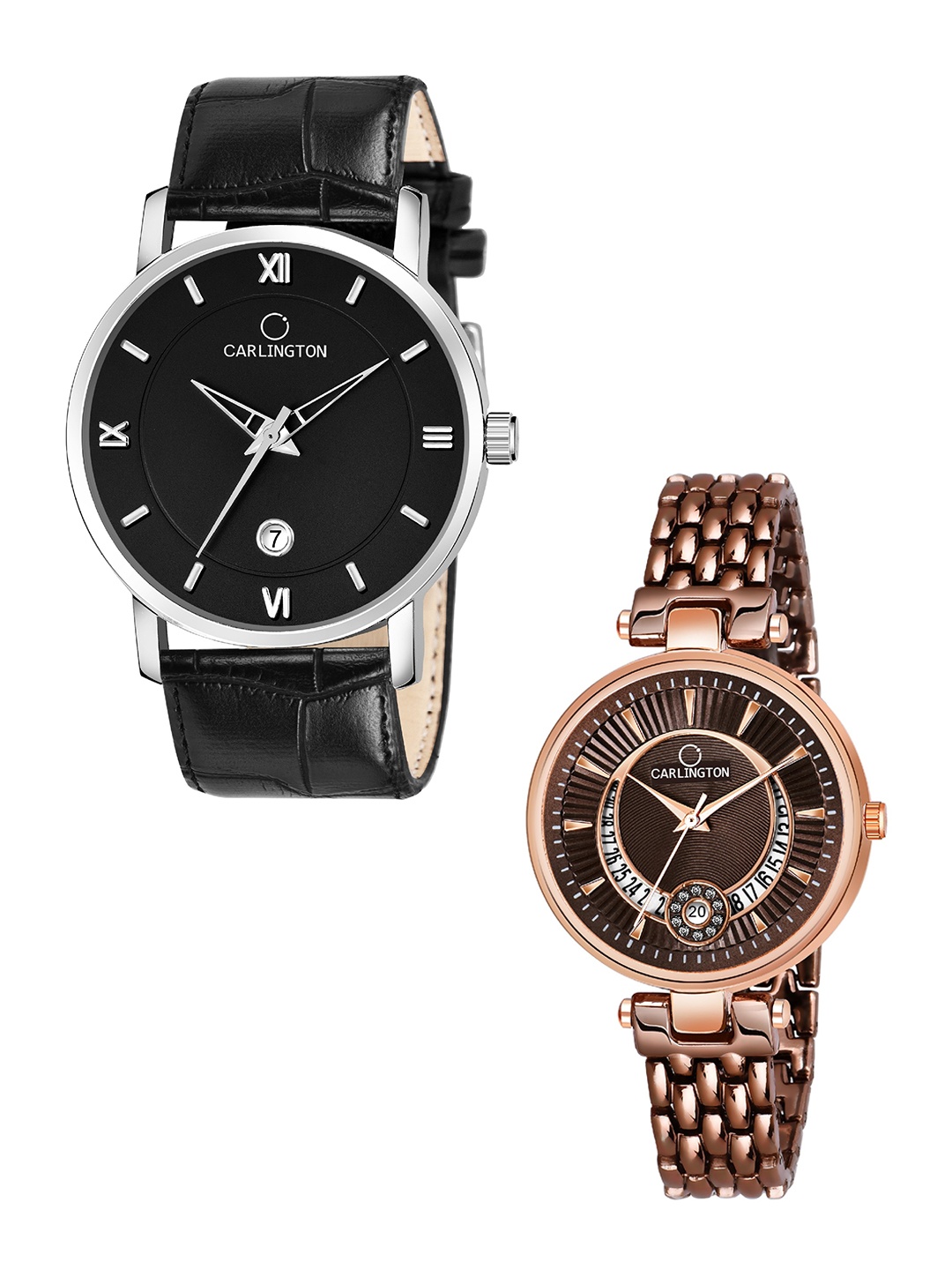 

CARLINGTON His & Her Black Embellished Dial & Leather Bracelet Style Analogue Watches