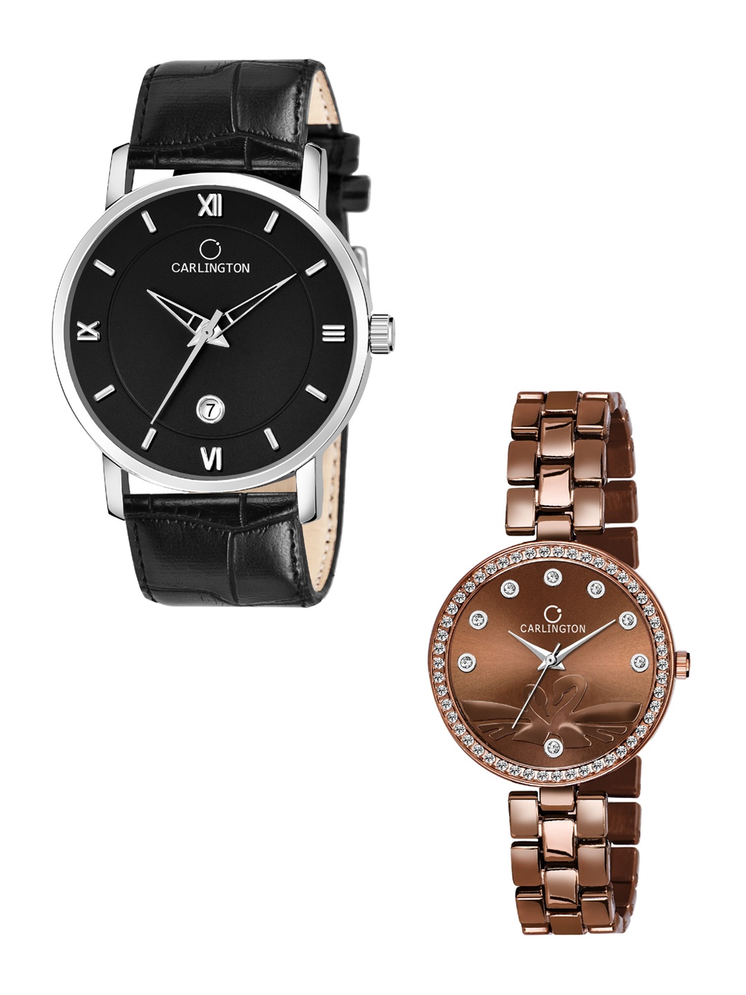 

CARLINGTON Unisex Combo of 2 Black Dial Leather Bracelet Style Strap Analogue Watch