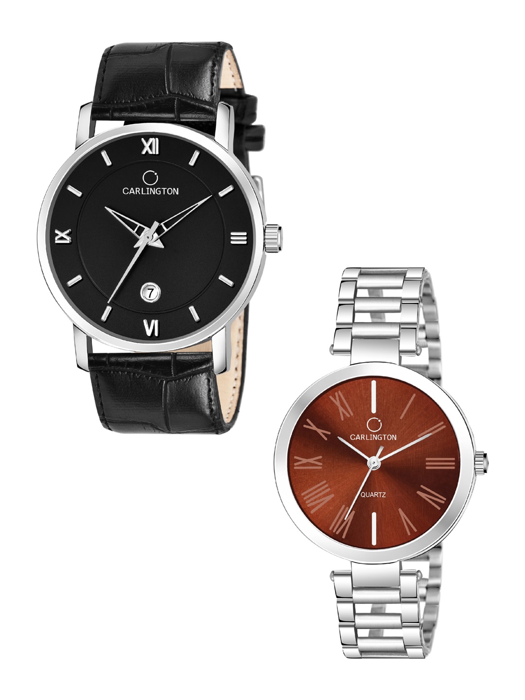 

CARLINGTON Unisex Pack of 2 Multicoloured Dial & Leather Straps Analogue Watches, Black