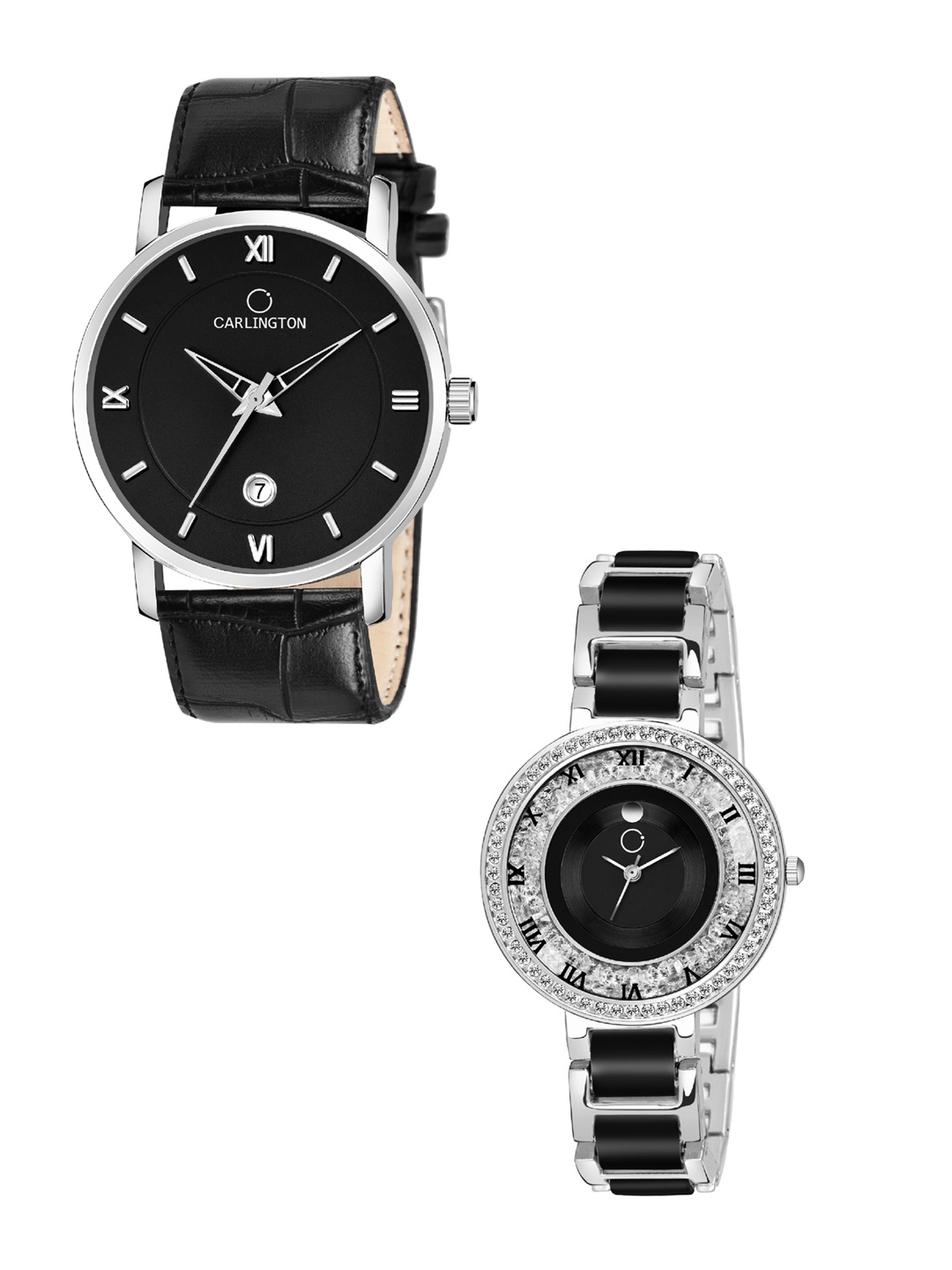 

CARLINGTON Unisex Combo of 2 Black Embellished Dial &Leather Strap Analogue Watch