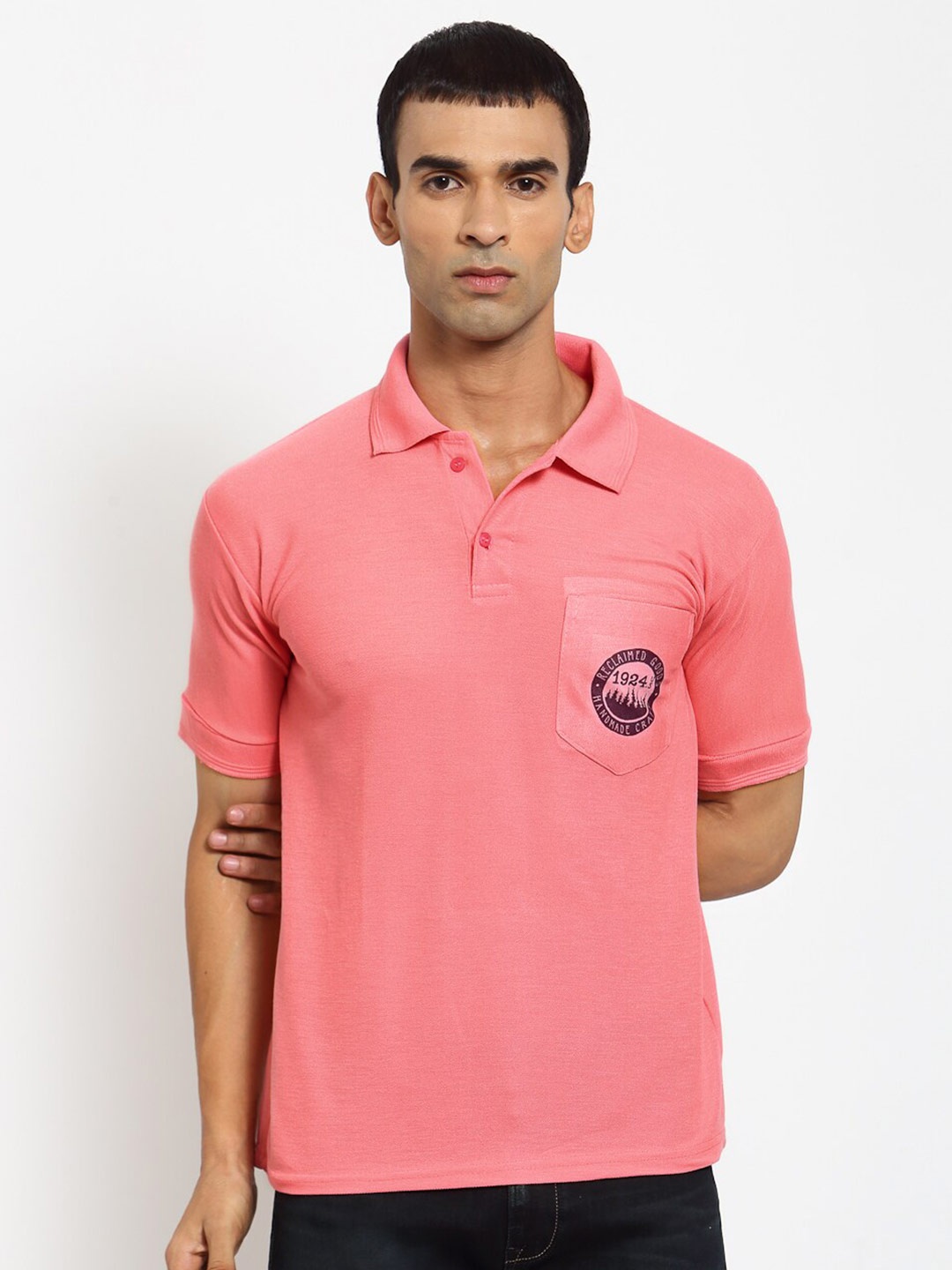 

KLOTTHE Men Pink Polo Collar Pockets T-shirt