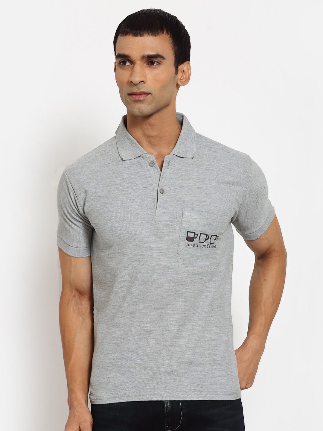 

KLOTTHE Men Grey Melange & Black Polo Collar Solid T-shirt