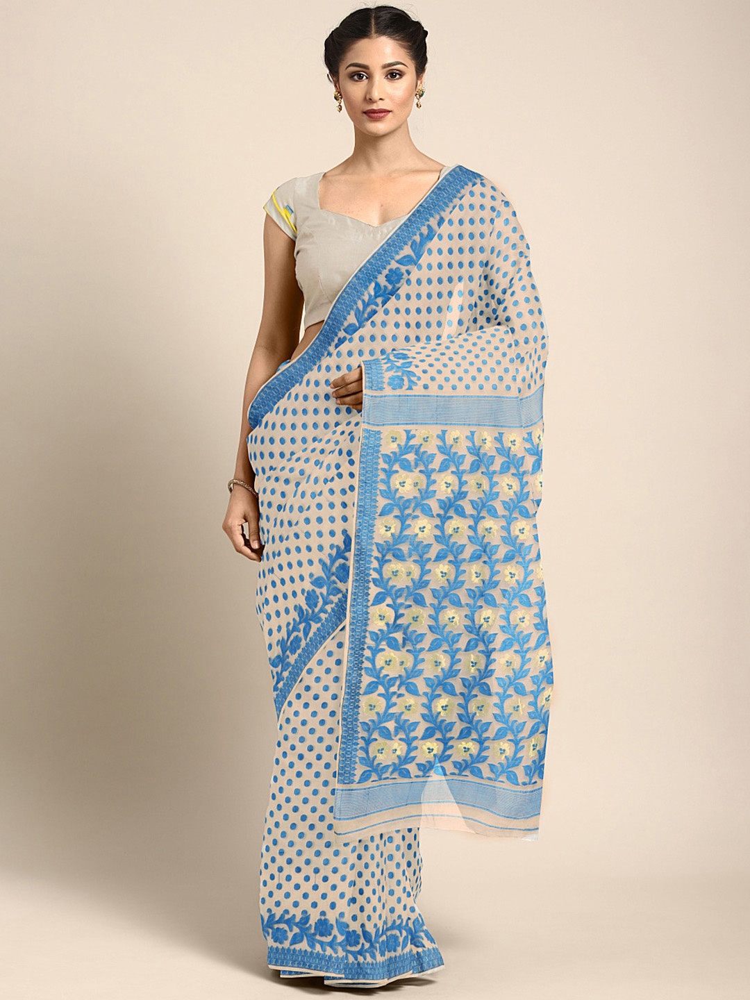 

Kalakari India Peach-Coloured & Blue Floral Silk Cotton Jamdani Saree