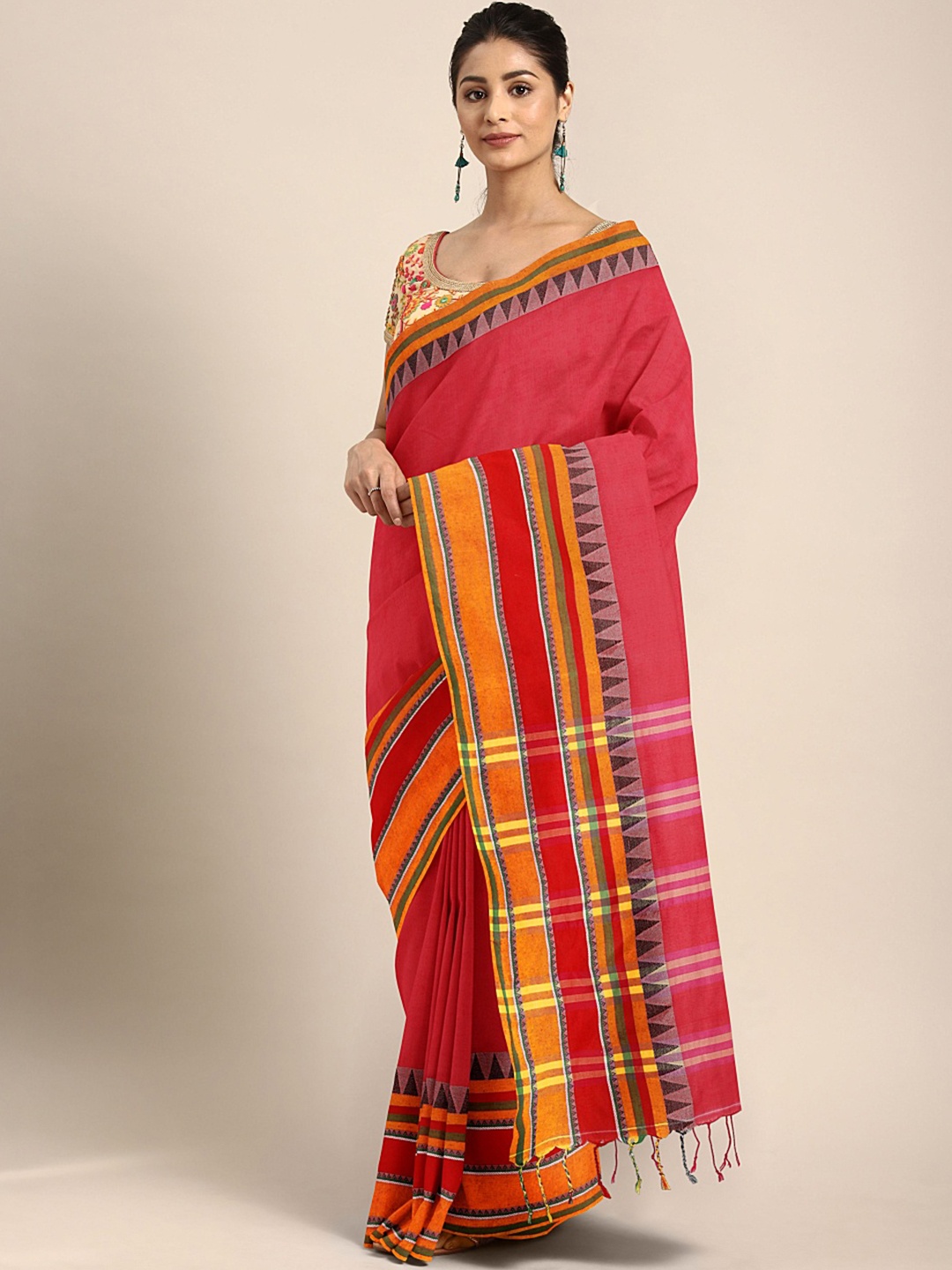 

Kalakari India Red & Mustard Woven Design Kutchi Embroidery Pure Cotton Jamdani Saree