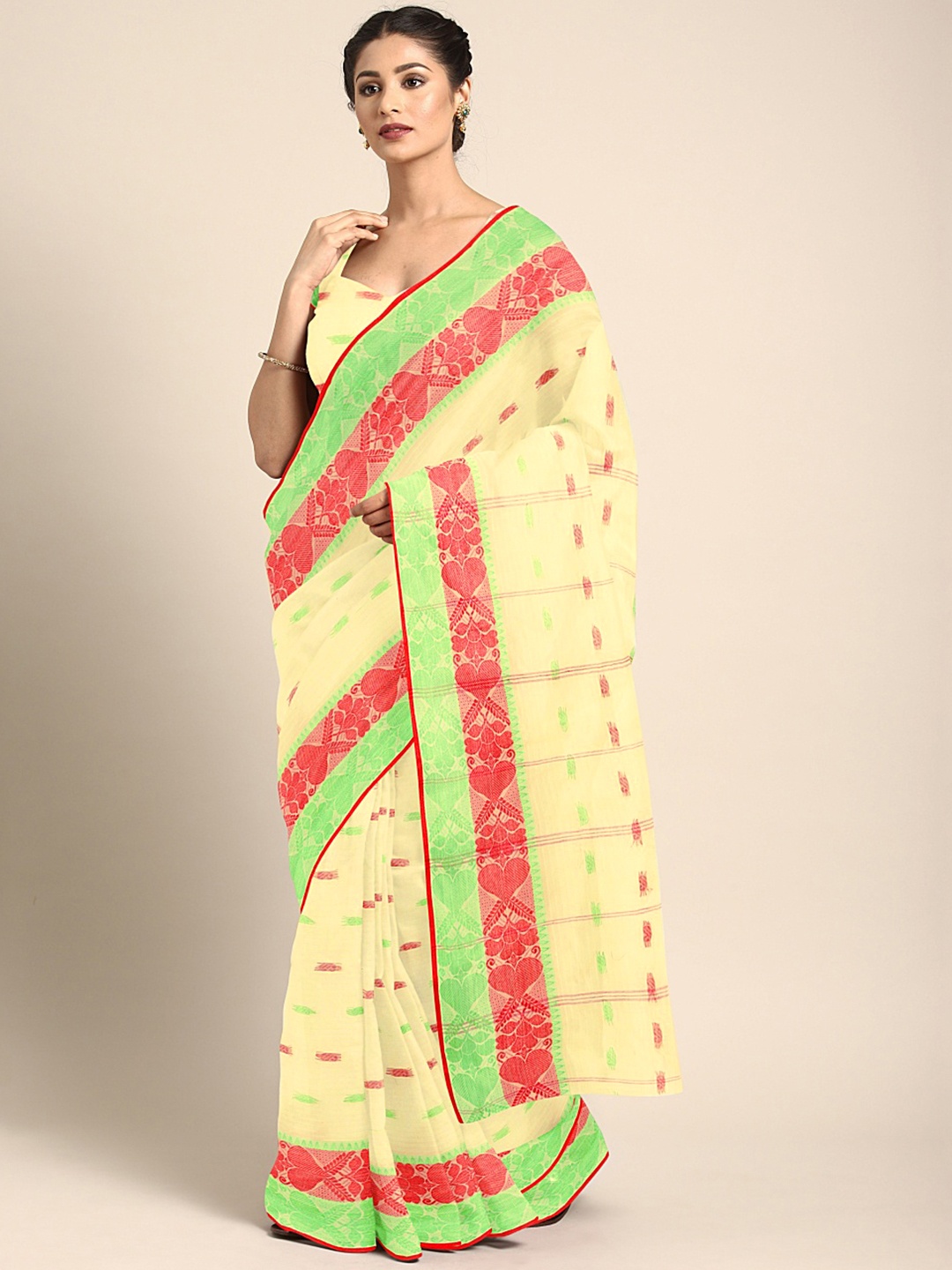 

Kalakari India Cream-Coloured & Multicoloured Woven Design Silk Cotton Taant Saree