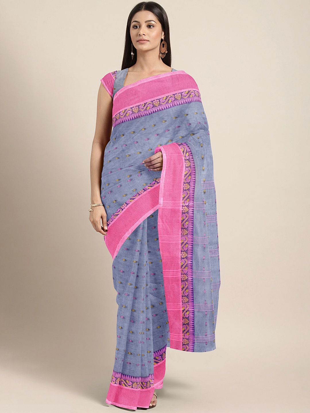 

Kalakari India Purple & Pink Woven Design Silk Cotton Taant Saree