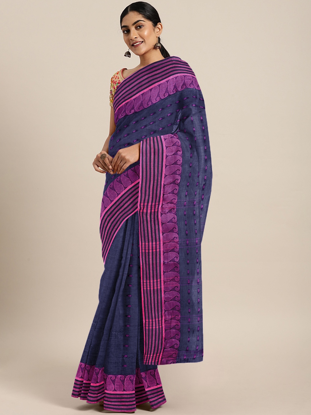 

Kalakari India Purple & Multicoloured Woven Design Silk Cotton Taant Saree