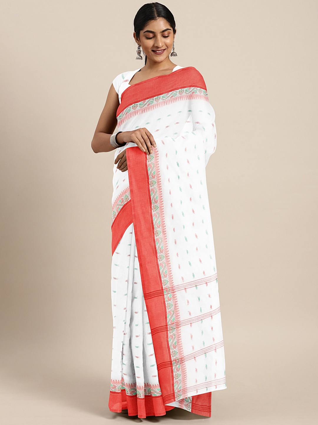 

Kalakari India White & Multicoloured Woven Design Silk Cotton Taant Saree