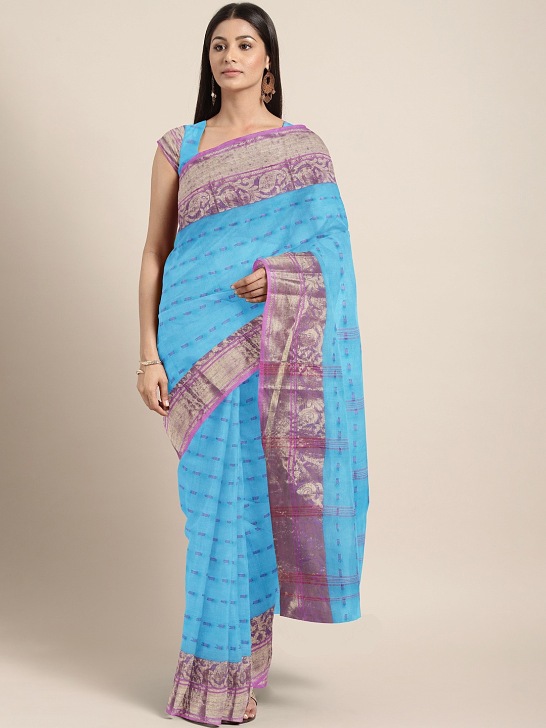 

Kalakari India Blue & Multicoloured Woven Design Silk Cotton Taant Saree