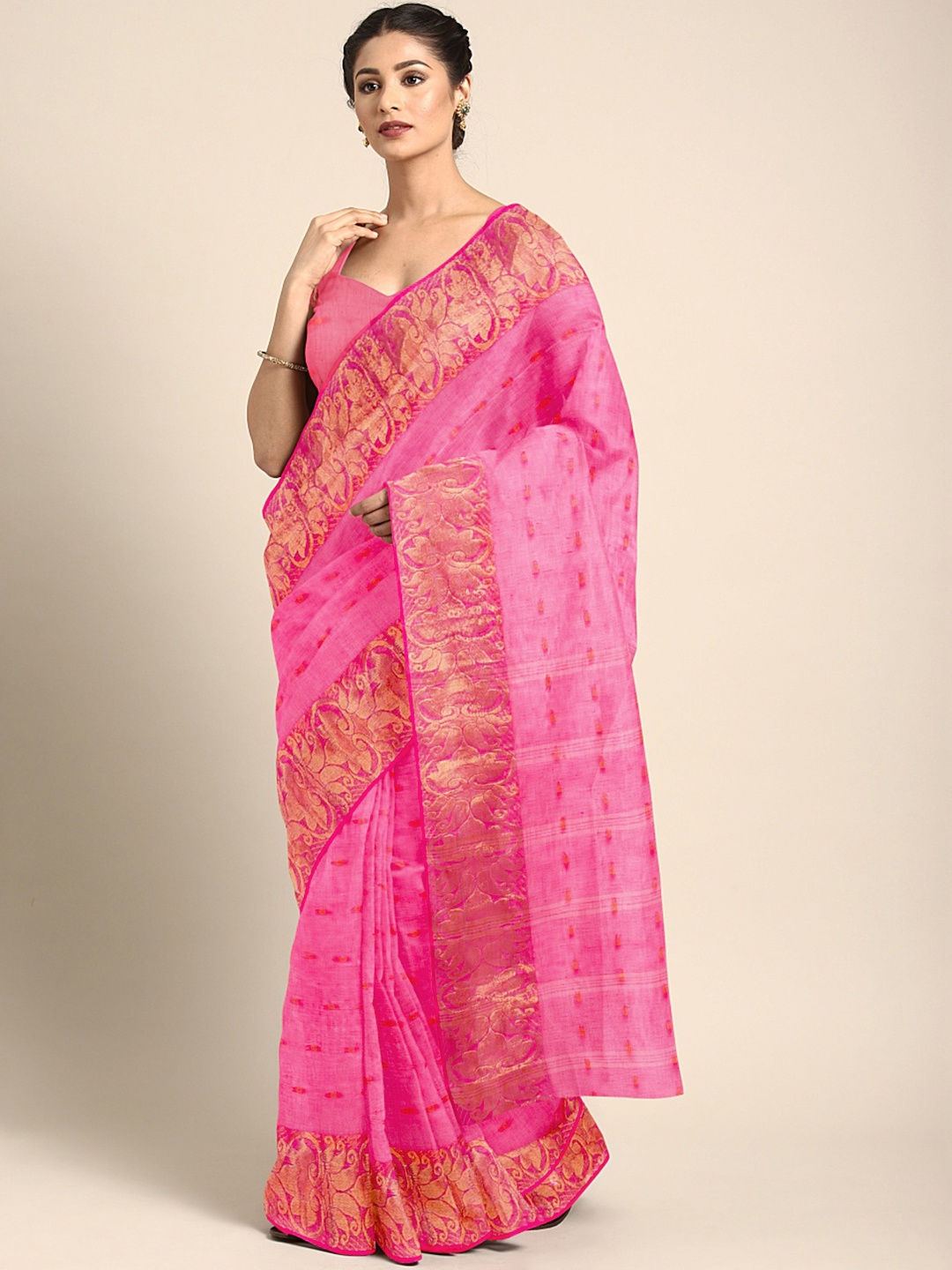 

Kalakari India Pink & Multicoloured Woven Design Silk Cotton Taant Saree