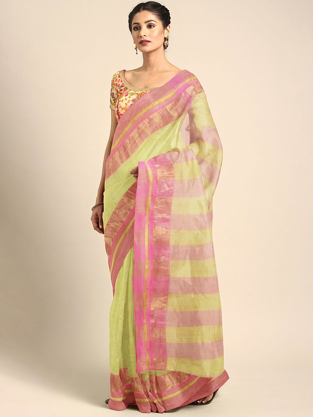 

Kalakari India Yellow & Pink Woven Design Silk Cotton Taant Saree