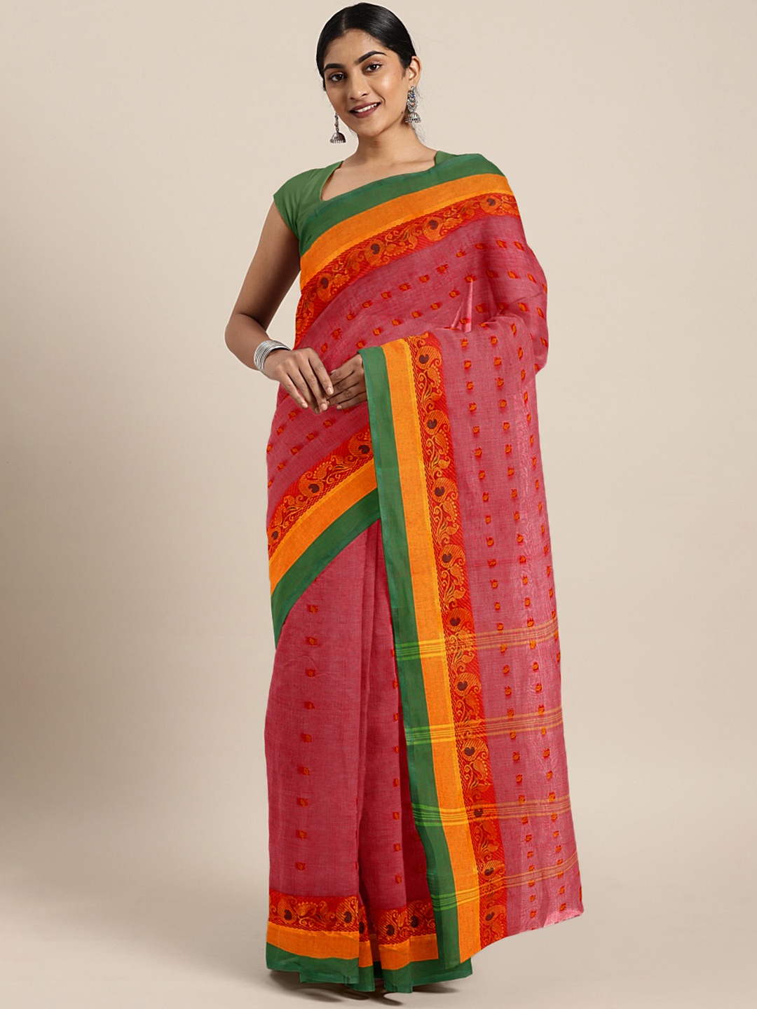 

Kalakari India Red & Multicoloured Woven Design Silk Cotton Taant Saree