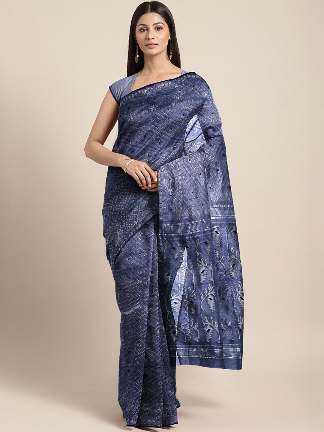 

Kalakari India Purple & Cream-Coloured Silk Cotton Jamdani Saree